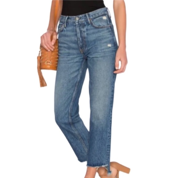 GRLFRND Helena Straight Leg Raw Step Hem Blue Denim Jean Size 28 - Picture 1 of 12
